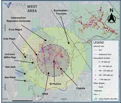 Figure 2: Plan map of the Panuco property highlighting resource extension (purple circle) and proximal exploration targets in the west (orange circle). The blue wavy lines in the west represent the recently completed ground HLEM survey lines. (CNW Group/Vizsla Silver Corp.)
