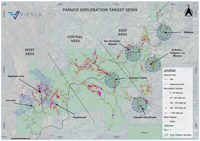 Figure 3: Plan map of the Panuco property highlighting high priority district-wide targets in the central-northeast areas (blue circles). Blue wavy lines in the west represent the ground HLEM survey lines in the west area. Main veins with mineral resources in the west are also shown. (CNW Group/Vizsla Silver Corp.)