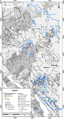 Figure 4: Regional geology (source Servicio Geologico Mexicano) showing the Panuco - San Dimas corridor with La Garra, Panuco, San Enrique and Santa Fe projects. (CNW Group/Vizsla Silver Corp.)