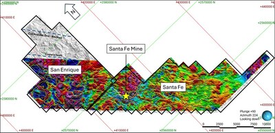Figure 5: Plan map of the Santa Fe and San Enrique showing airborne magnetic map (Analytical signal) overlain on the LiDAR elevation model. Notice the strong magnetic lineaments within Santa Fe project area. The location of the Copala fault and Cordon del Oro – Animas structural lineaments (extending from the north in Panuco) are shown as blue dash lines in San Enrique (no magnetic data). (CNW Group/Vizsla Silver Corp.)