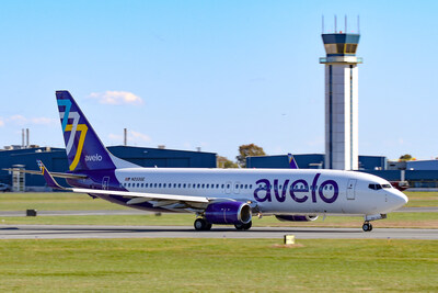 Avelo Airlines plane preparing for departure at Wilmington Airport.