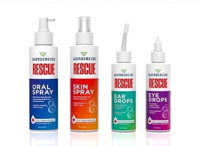 Pictured here: Wondercide launches RESCUE, a new pet care wellness line powered with Hypochlorous Acid featuring skin spray, oral spray, ear drops and eye drops. Now available at Pet Supplies Plus, Wondercide.com and Amazon.com.
