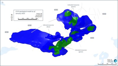 Figure 12: Plan view of the global Indicated (green) and Inferred (blue) block model classifications for the CV13 Spodumene Pegmatite. (CNW Group/Patriot Battery Metals Inc.)