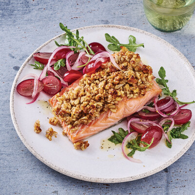 Walnut Sunflower-Crusted Salmon with Honey-Lemon Grapes