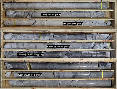 Figure 04: QVD-412 drill core, from 302.12 m to 310.07 m, displaying high-grade epithermal mineralization. (CNW Group/Argenta Silver Corp.)