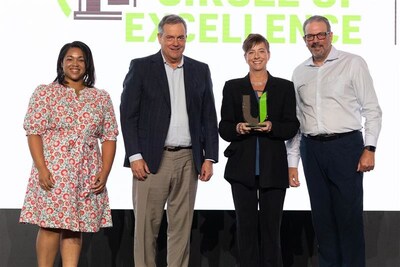Birdie & Louie accepting Supplier Circle of Excellence Award from UNFI CEO Sandy Douglas