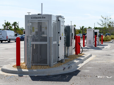 Electric Era battery backed power conditioning unit in at a Costco Warehouse location in Florida. The entire charger installation and commissioning was completed in 54 days because the Electric Era battery system did not require new electric power or substations to be installed by the local energy utility. Electric Era battery backed power conditioning unit in at a Costco Warehouse location in Florida. The entire charger installation and commissioning was completed in 54 days because the Electric Era battery system did not require new electric power or substations to be installed by the local energy utility.