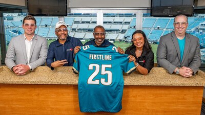 From left:
Jacob Milano, Director, Corporate Partnerships and Strategy, Jacksonville Jaguars; Pastor Clinton Bush, Co-Founder and Chief Strategic Officer, Bon Vivant Safety Eyewear; Anthony B. Miles, Co-Founder, Chief Executive Officer and Chief Operating Officer, Bon Vivant Safety Eyewear; Jennifer K. Marin, Co-Founder and Chief Creative Officer, Bon Vivant Safety Eyewear; Matt Rickoff, Vice President of Corporate Partnerships and Development, Jacksonville Jaguars