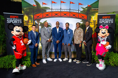 Mickey Mouse, Minnie Mouse and ESPN Wide World of Sports Complex General Manager LeRoy Arrington celebrate with coaches and representatives from Historically Black Colleges and Universities after the announcement of the new HBCU Hoops Invitational coming to Walt Disney World Resort in Florida. The new event, featuring men's and women's college basketball teams from HBCU programs is Dec. 4-7 at ESPN Wide World of Sports Complex. (Bennett Stoops)