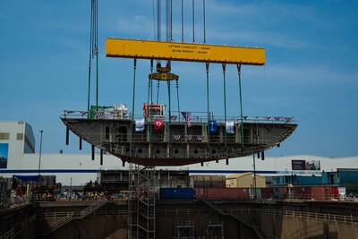First grand block of Matson vessel Makua being lowered into the construction dry dock. August 4, 2025