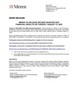 MEREN TO RELEASE SECOND QUARTER 2025 FINANCIAL RESULTS ON TUESDAY, AUGUST 12, 2025 (CNW Group/Meren Energy Inc.)