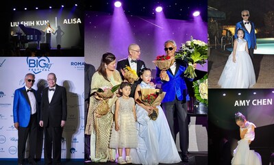 Samantha Sun, along with daughter Bei Bei and son Tian Tian, presents flower to piano master Liu Shikun, piano prodigy Amy Chen, and legendary tenor Andrea Bocelli