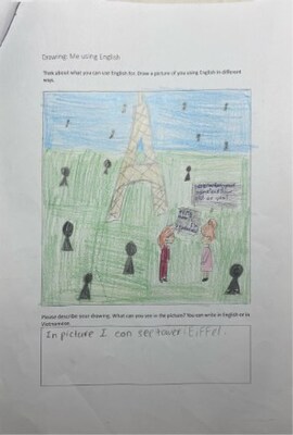 Chatting in English and hanging out in Paris is what this young student from Vietnam drew.
