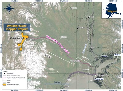 Figure 2  Map of the Southcentral Alaska encompassing the city of Anchorage and the MSB district, showing the designed route of the proposed WSAP, which will connect the Whistler Project with existing highway, rail, power and port infrastructure adjacent to the largest population center and fastest growing region in Alaska, the tri-cities of Anchorage, Wasilla and Palmer. The WSAP is labelled in the image above with the lead proponent for each segment of the road, including: AIDEA; ADOT&PF; and MSB. (CNW Group/U.S. GoldMining Inc.)