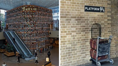 Jump into the world of Harry Potter at London's King's Cross Station, and check out Seoul's must-visit Starfield Library.