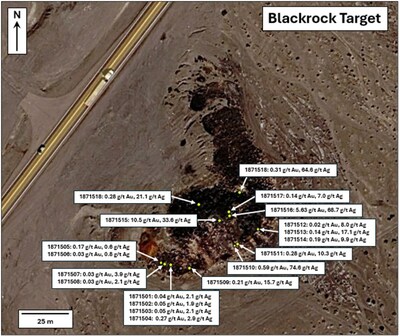 Zoomed in plan map of the Blackrock Target outcrop with channel sample locations and grades (CNW Group/A2 Gold Corp)