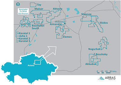 Figure 9. Arras Minerals Elemes Project and project portfolio located in Pavlodar, Northeastern Kazakhstan.