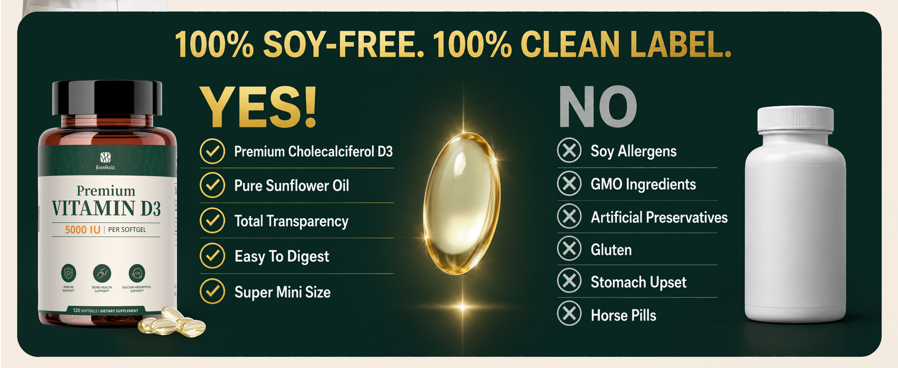 BienRaíz Vitamin D3 5000 IU product bottle and mini softgel next to a list of premium ingredients and soy-free clean label benefits.