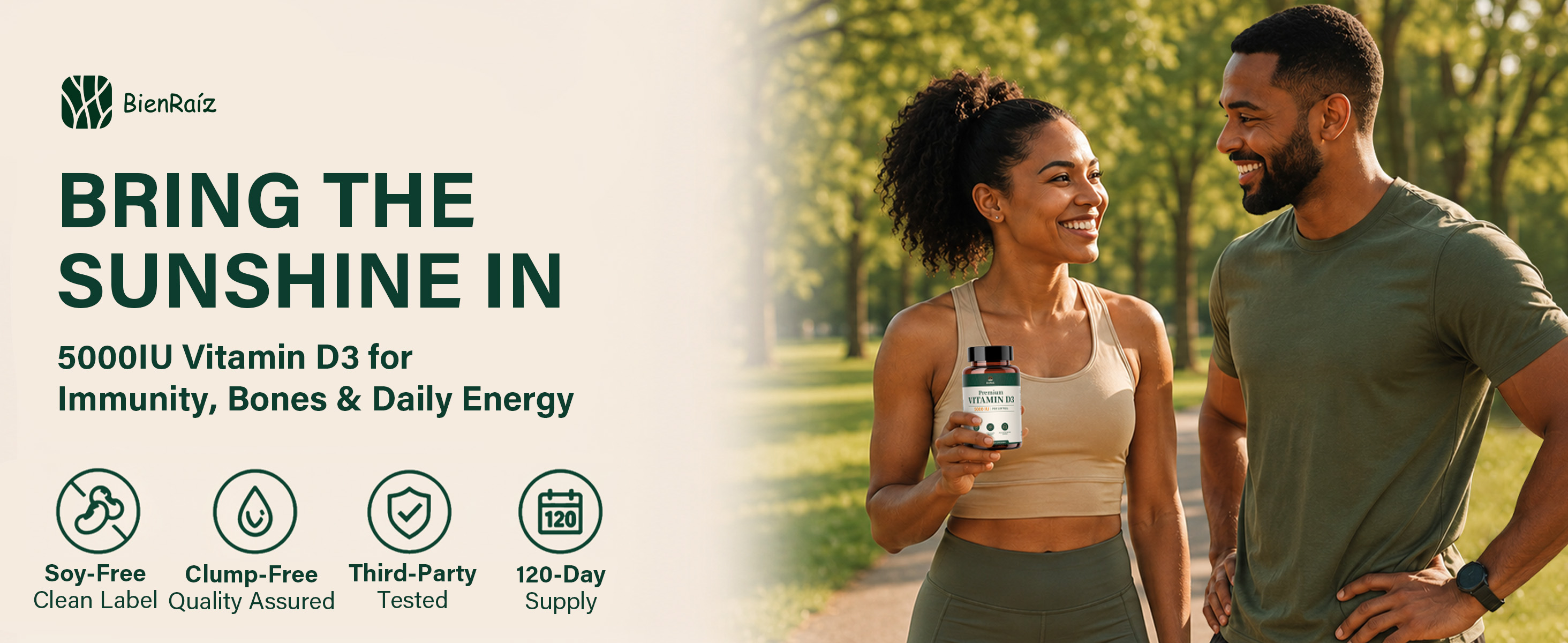 BienRaíz brand logo with text Bring the Sunshine In highlighting clean label and third-party tested 5000 IU Vitamin D3.