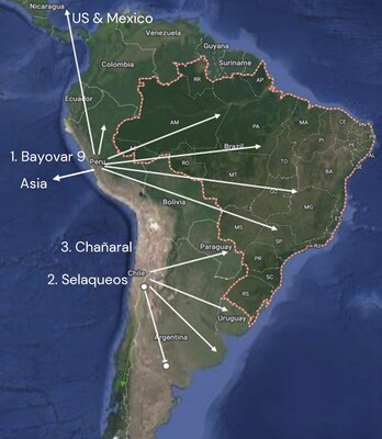 Bayovar 9 project located in Northern Peru adjacent to the 4.8 million tonne pa producing phosphate rock project owned and operated by Mosaic Inc and Mitsui & Co. Close to port, power and road infrastructure. Able to export to US, LATAM and Asia; Chanaral and Selaqueos projects able to service LATAM markets