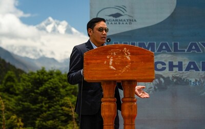Mingma Chirri Sherpa, Mayor of the Khumbu Pasang Lhamu Rural Municipality, speaks at the “Himalayan Climate Charter 2026 Namche Summit.”