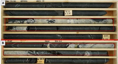 Figure 4. Quartz-carbonate-sulfide veining in KE-006. A) 59-60m and B) 114-115m. NQ core. (CNW Group/Capella Minerals Limited)