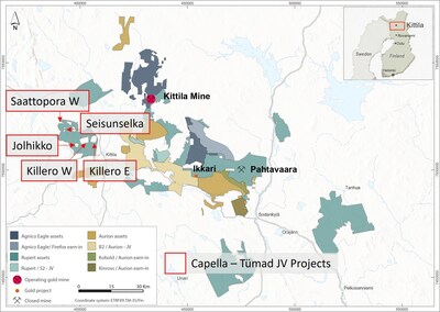 Figure 1. Location map of the Capella-Tümad JV projects in Northern Finland (Killero E, Killero W, Jolhikko, Seisunselka, Saattopora W), together with the project areas acquired by Agnico as part of its consolidation of the Central Lapland Greenstone Belt. https://www.agnicoeagle.com/English/news-and-media/news-releases/news-details/2026/AGNICO-EAGLE-TO-CONSOLIDATE-FINLANDS-CENTRAL-LAPLAND-GREENSTONE-BELT-IN-THREE-SEPARATE-TRANSACTIONS/default.aspx (CNW Group/Capella Minerals Limited)