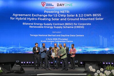 Malaysia’s Prime Minister Dato' Seri Anwar Ibrahim (center) witnessed the exchange of documents for a Bilateral Energy Supply Contract (BESC) under the Corporate Renewable Energy Supply Scheme (CRESS) between DayOne and TNB. The documents were exchanged between DayOne CEO Jamie Khoo and TNB President/CEO Datuk Ir. Ts. Shamsul Ahmad.  Also witnessing the ceremony were DayOne Chairman Lim Ah Doo (far left), the Energy Transition and Water Transformation (PETRA) Deputy Minister Dato' Sri Abdul Rahman Mohamad (second from left), TNB Chairman Tan Sri Abdul Razak Abdul Majid (second from right), and Energy Commission Chairman Datuk Seri Asri Hamidon (far right).
