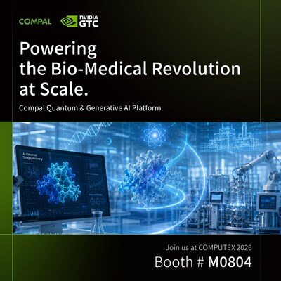 A promotional image for Compal's Quantum & Generative AI Platform at COMPUTEX 2026, showcasing AI-powered drug discovery with molecular structures and advanced laboratory equipment.