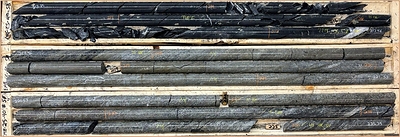 Photo 1: Drill core from EME-25-040 at Errington West showing zinc-rich massive sulphides interpreted as the core of the intersected mineralized zone.