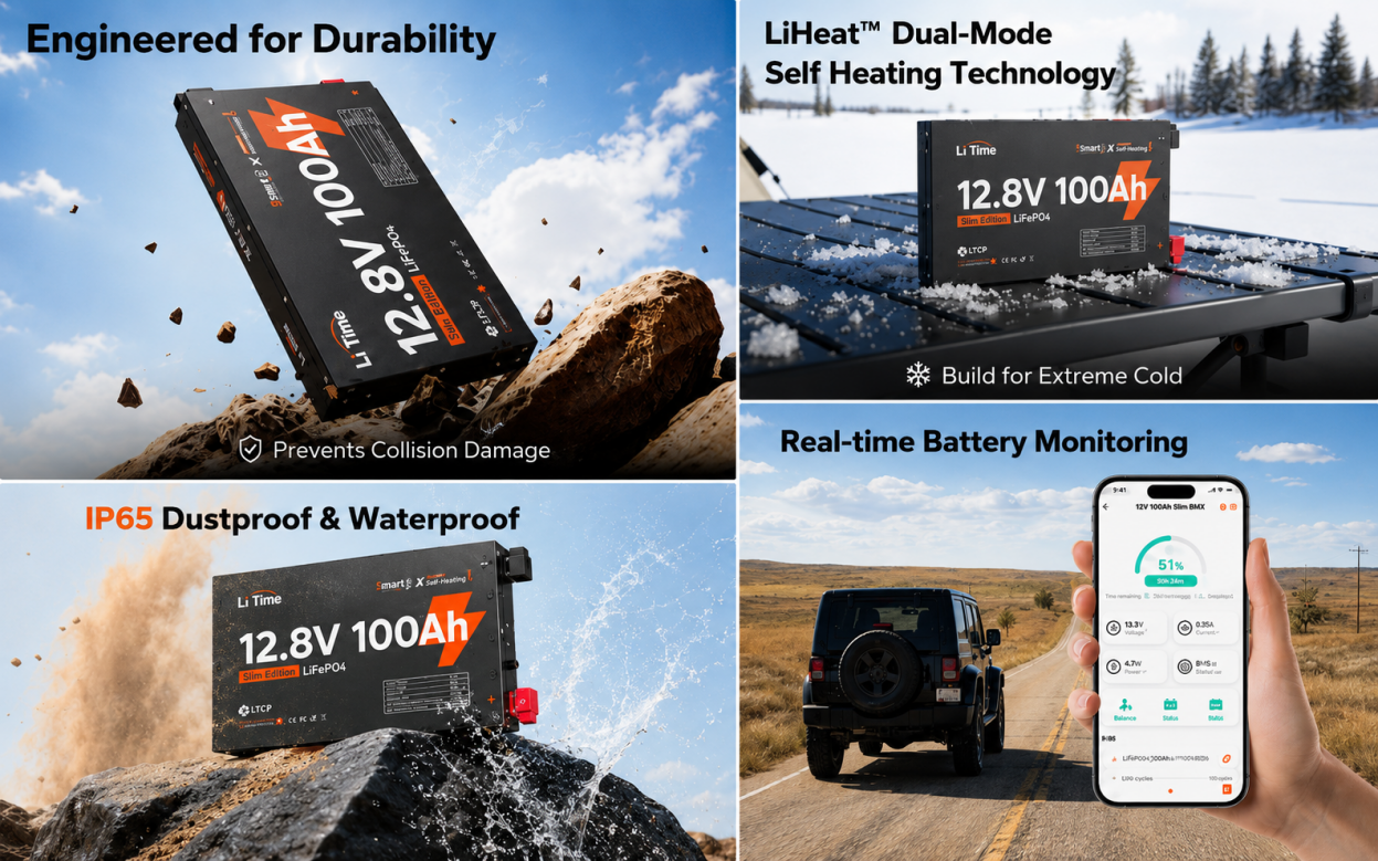 LiTime 12V 100Ah Ultra Slim LiFePO4 Bluetooth Self-Heating Battery Built for Tough Outdoor Adventure