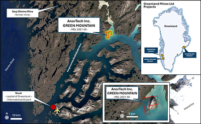 Location of the AnorTech Green Mountain massive anorthosite project in Southwest Greenland – accessible by the deep-water fjord Kangersuneq (Godthåbsfjorden / Nuuk Fjord) only 80 km northwest of the capital Nuuk and its International Airport. The ‘Green Mountain’ clear-white colored characteristics makes the deposit visible from space – forming a massive very large anorthosite mass that through its unique characteristics and AnorTech’s patented technology can be used to produce sustainable smelter grade alumina (“SGA”) and high purity alumina (“HPA”), CO2-free cement and related industrial materials.