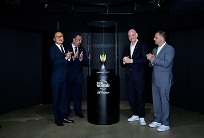 FIFA Museum Opening Ceremony – Trophy Unveiling; From left: Sungwon Jee, Executive Vice President and Global Chief Marketing Officer, Hyundai Motor Company; Marco Fazzone, Managing Director, FIFA Museum; Gianni Infantino, FIFA President; Alex Lasry, Chief Executive Officer, FIFA World Cup 2026™ New York New Jersey Host Committee. (Photo credit: Getty Images for Hyundai Motor Company)