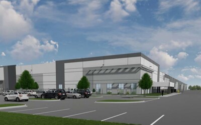 Rendering depicts the new building's main entrance at Auburn 18 Business Park.