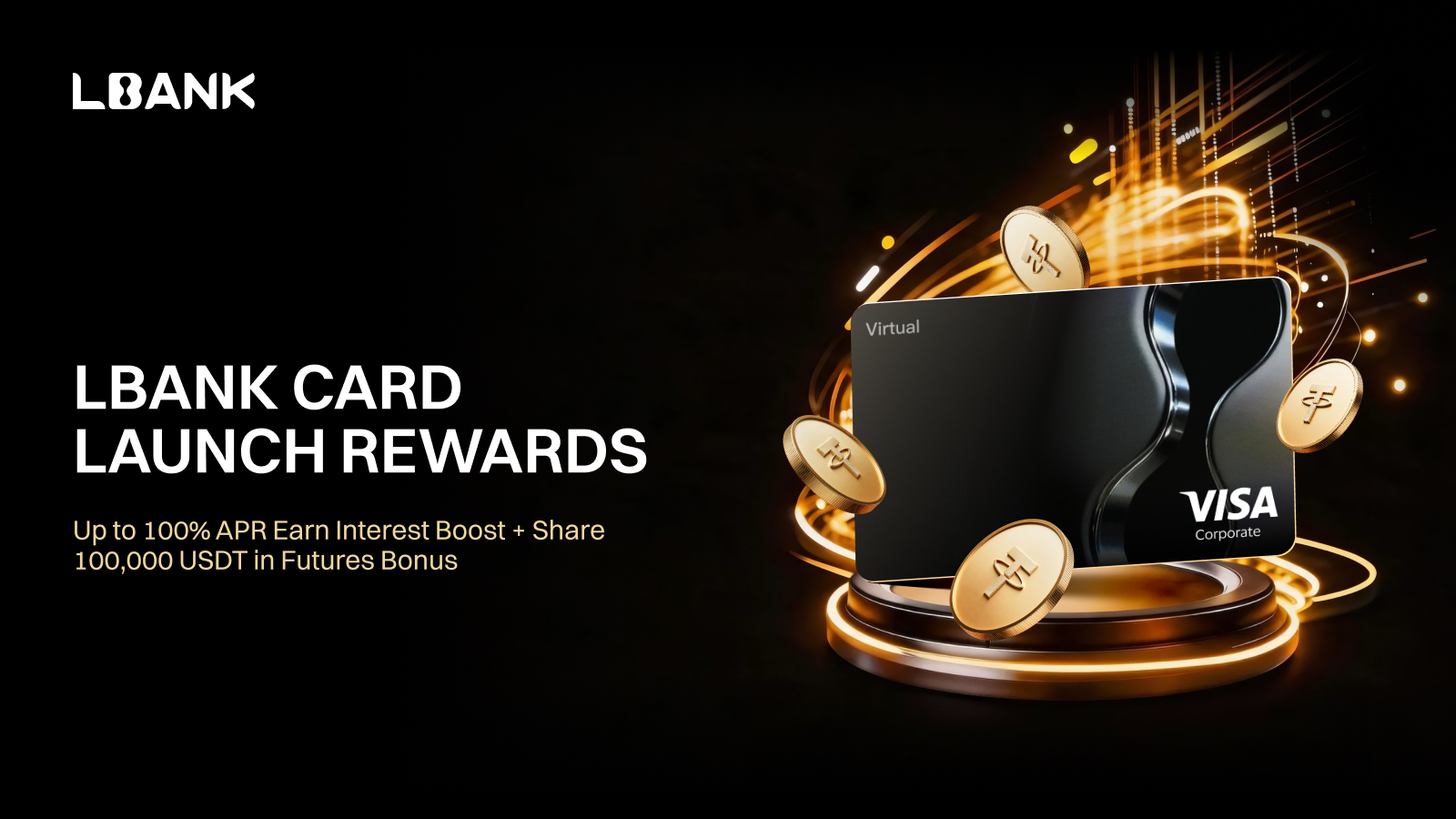 A professional promotional graphic introducing the new LBank crypto credit and debit card with global payment features.