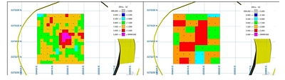 Figure 3: Resource model 5m blocks vs grade control shapes on Levels 5250