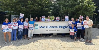 MGB Home Hospital clinicians with the MNA protest outside MGB Headquarters in Somerville on June 11, 2026.