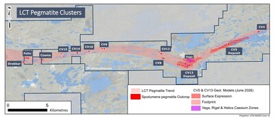 Figure 2: Mineralized LCT pegmatite outcrop occurrences Shaakichiuwaanaan and Pikwa. (CNW Group/PMET Resources Inc.)