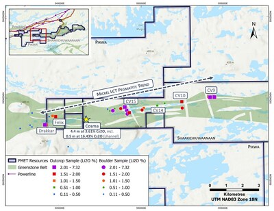 Figure 4: Compilation of surface sampling results along the Mickel LCT Pegmatite Trend (part of the greater CV Lithium Trend) at Shaakichiuwaanaan, now extending onto the adjacent Pikwa Property. Figure 4: Compilation of surface sampling results along the Mickel LCT Pegmatite Trend (part of the greater CV Lithium Trend) at Shaakichiuwaanaan, now extending onto the adjacent Pikwa Property.