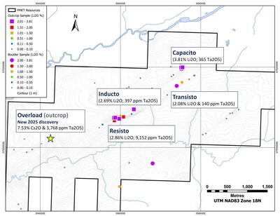 Figure 6: Summary of LCT pegmatite showings at the Pontax Property (Block C). (CNW Group/PMET Resources Inc.) Figure 6: Summary of LCT pegmatite showings at the Pontax Property (Block C). (CNW Group/PMET Resources Inc.)