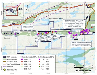 Figure 5: Compilation of surface sampling results between the Skald (Pontois) and CV4 (Shaakichiuwaanaan) LCT pegmatites. (CNW Group/PMET Resources Inc.)