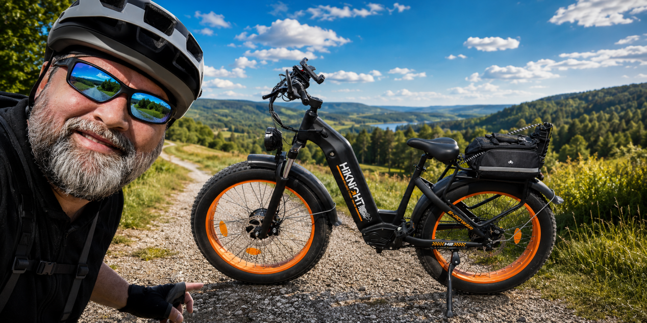 A smiling rider takes a selfie with his fat-tire electric bike on a countryside trail