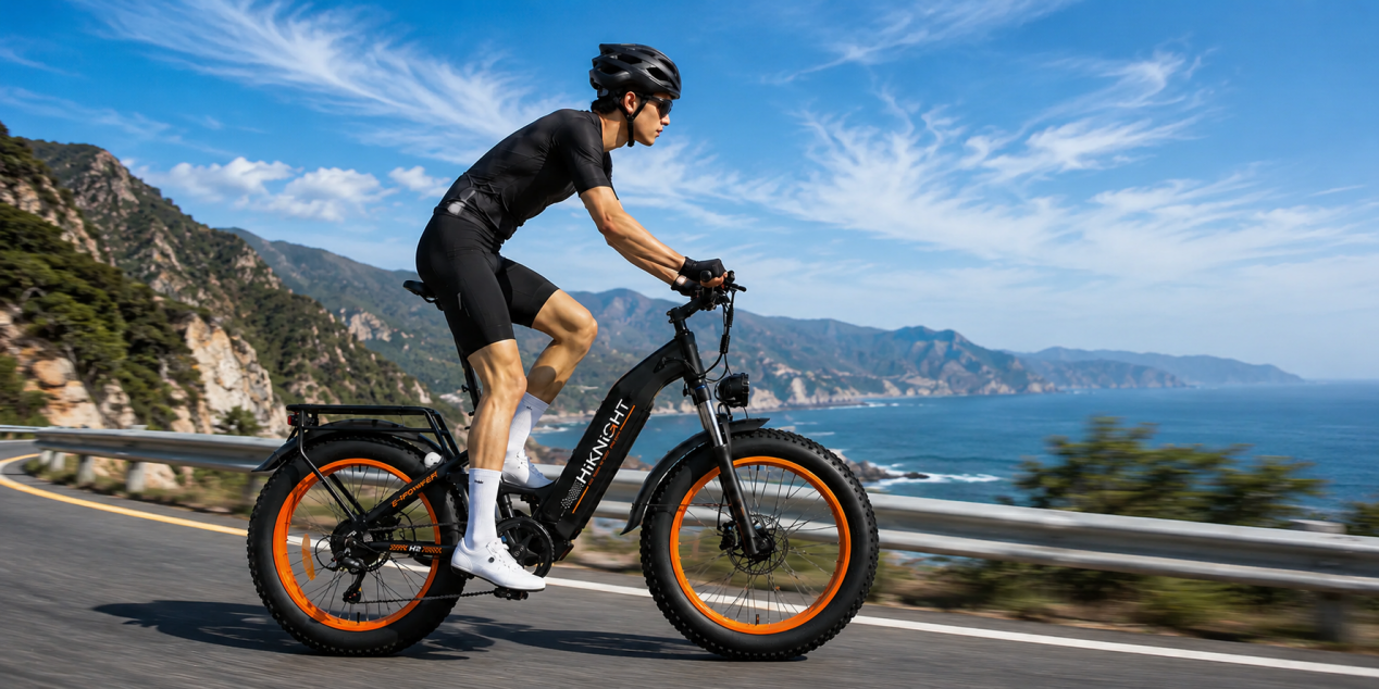 A cyclist rides a fat-tire e-bike along a scenic coastal highway overlooking the ocean