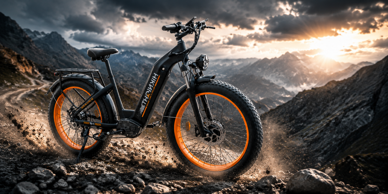A rugged fat-tire electric bike parked on a rocky mountain path at sunset