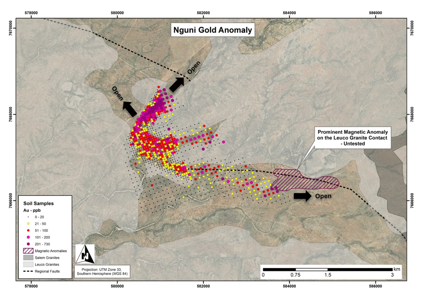 Gold-in-soil geochemical map over the Nguni gold anomaly, highlighting sample distribution across a primary 100 x 100m grid with infill 50 x 50m spacing in the western zone. The spatial distribution indicates that gold mineralization is structurally and lithologically controlled along granitic contacts, remaining open-ended in multiple directions as indicated by the arrows.