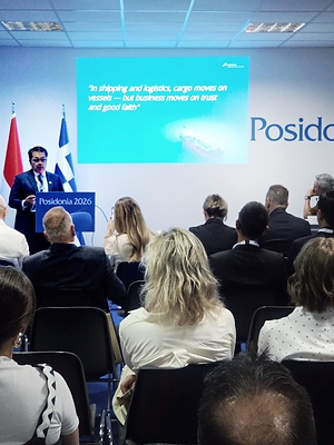 President Director of PIS, Surya Tri Harto addressed participants during Posidonia 2026, highlighting the company's vision into a leading integrated maritime and logistics player.