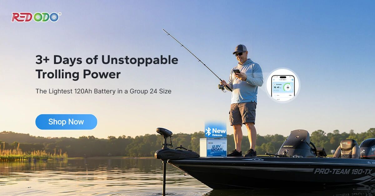 Redodo 12V 100Ah Group 24 Bluetooth Lithium Trolling Motor Battery for 3 Days of Fishing