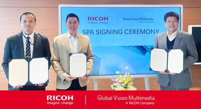 Kenny Liow, Director, Global Vision Multimedia; Hooi Ping Lee, Co-Founder & Director, Global Vision Multimedia; and Kei Uesugi, Managing Director, Ricoh Asia Pacific, at the signing ceremony. Kenny Liow, Director, Global Vision Multimedia; Hooi Ping Lee, Co-Founder & Director, Global Vision Multimedia; and Kei Uesugi, Managing Director, Ricoh Asia Pacific, at the signing ceremony.