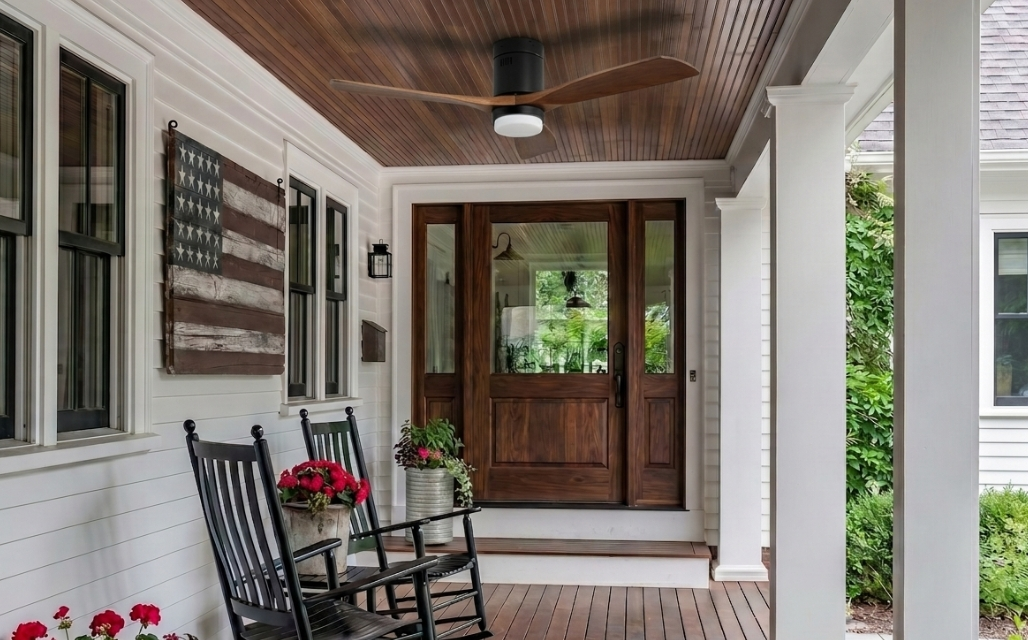 Flush mount outdoor ceiling fan with quiet DC motor installed in a covered porch with low ceiling design
