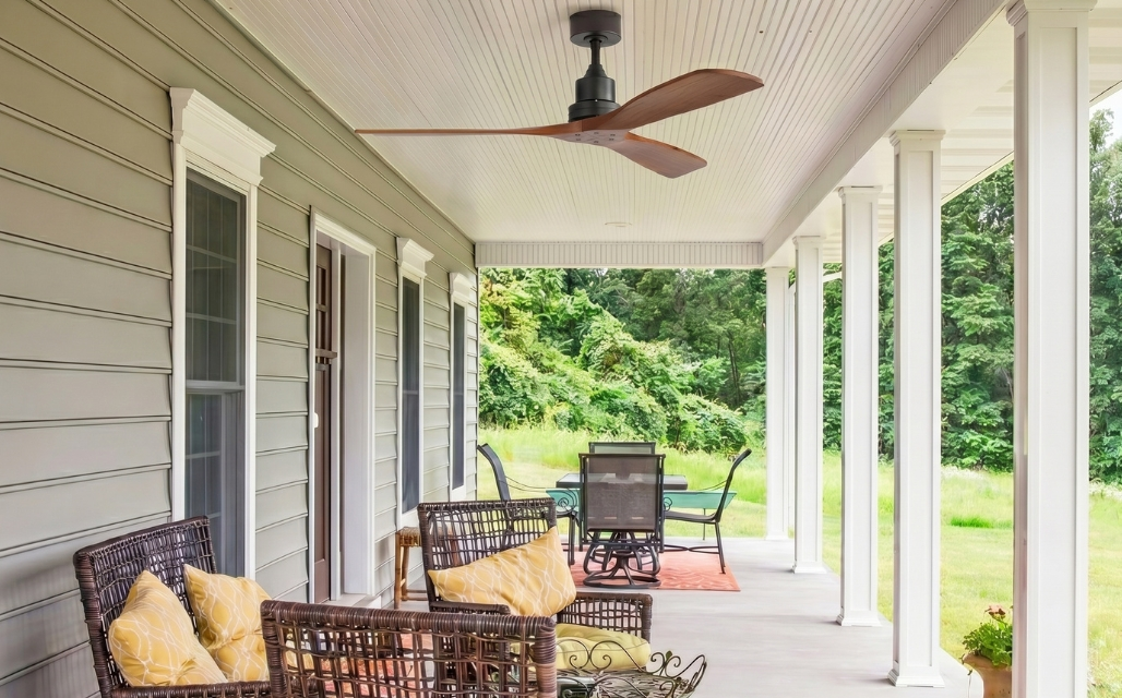 Outdoor ceiling fan with integrated LED lighting enhancing patios, porches, and three-season outdoor living spaces